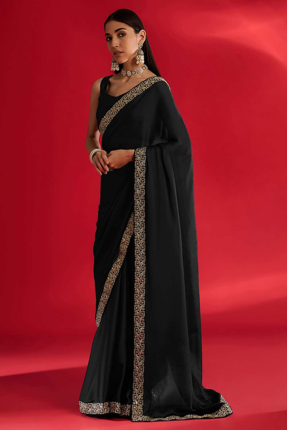 Radha Black Satin Solid Ready To Wear One Minute Saree