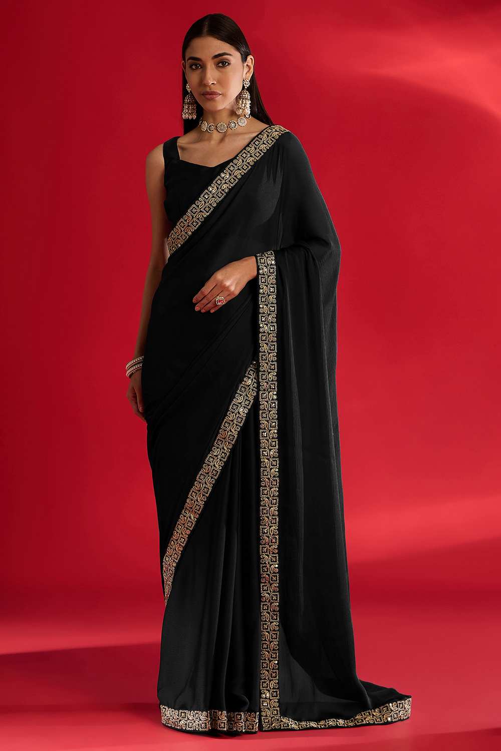 Radha Black Satin Solid Ready To Wear One Minute Saree