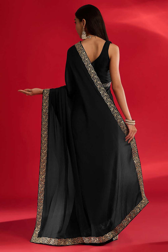 Radha Black Satin Solid Ready To Wear One Minute Saree