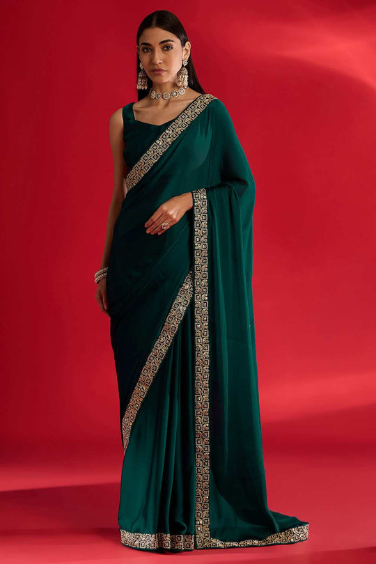 Radha Teal Green Satin Solid Ready To Wear One Minute Saree