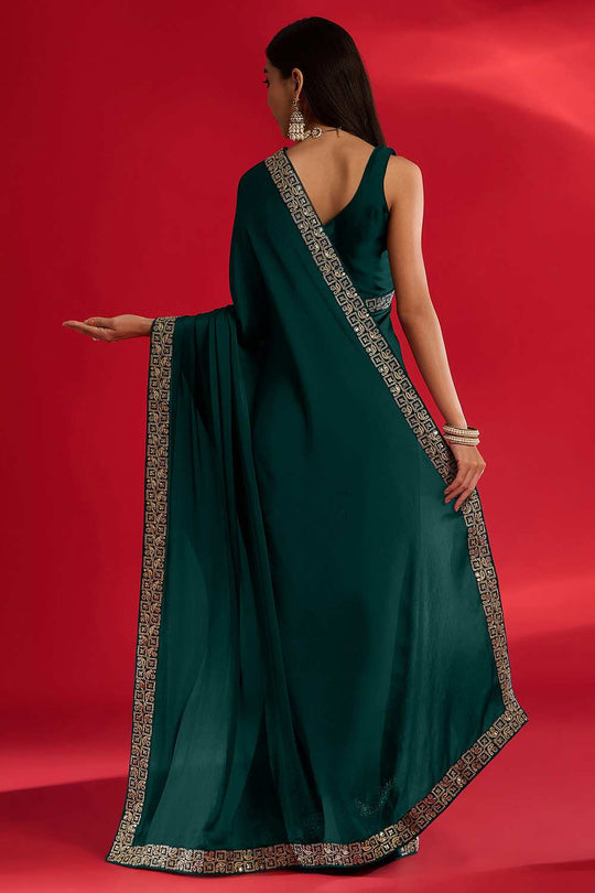 Radha Teal Green Satin Solid Ready To Wear One Minute Saree