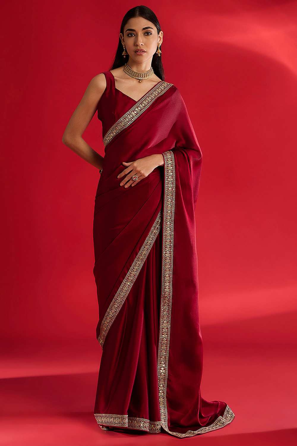 Reshma Maroon Satin Lace Work One Minute Saree