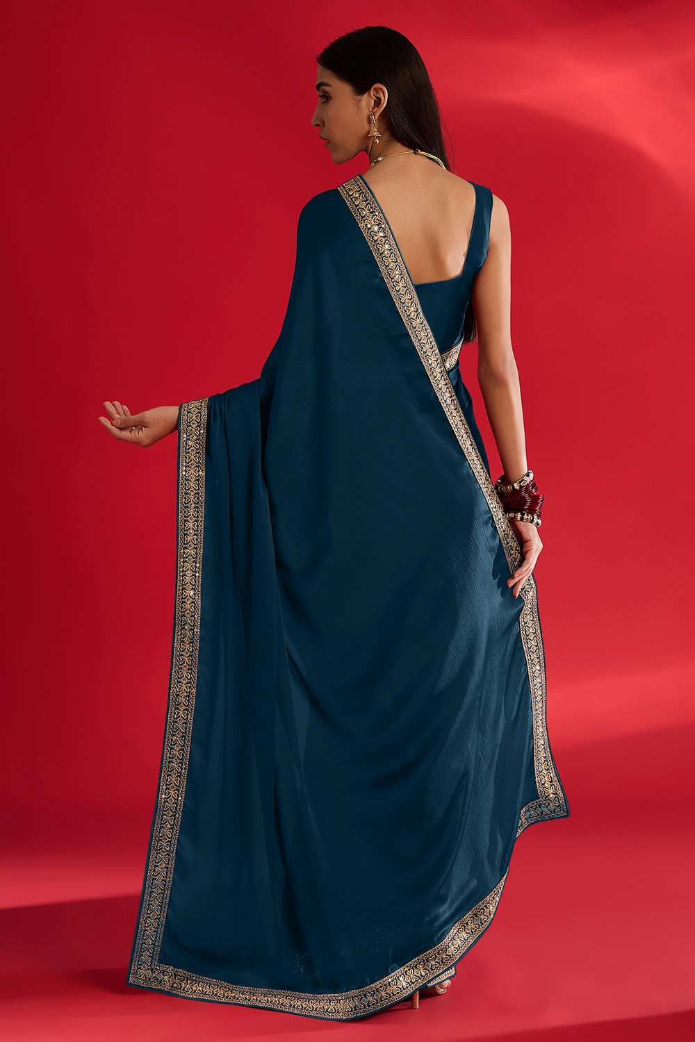 Reshma Teal Blue Satin Lace Work One Minute Saree