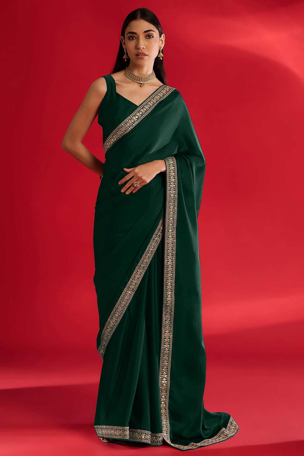 Reshma Green Satin Lace Work One Minute Saree
