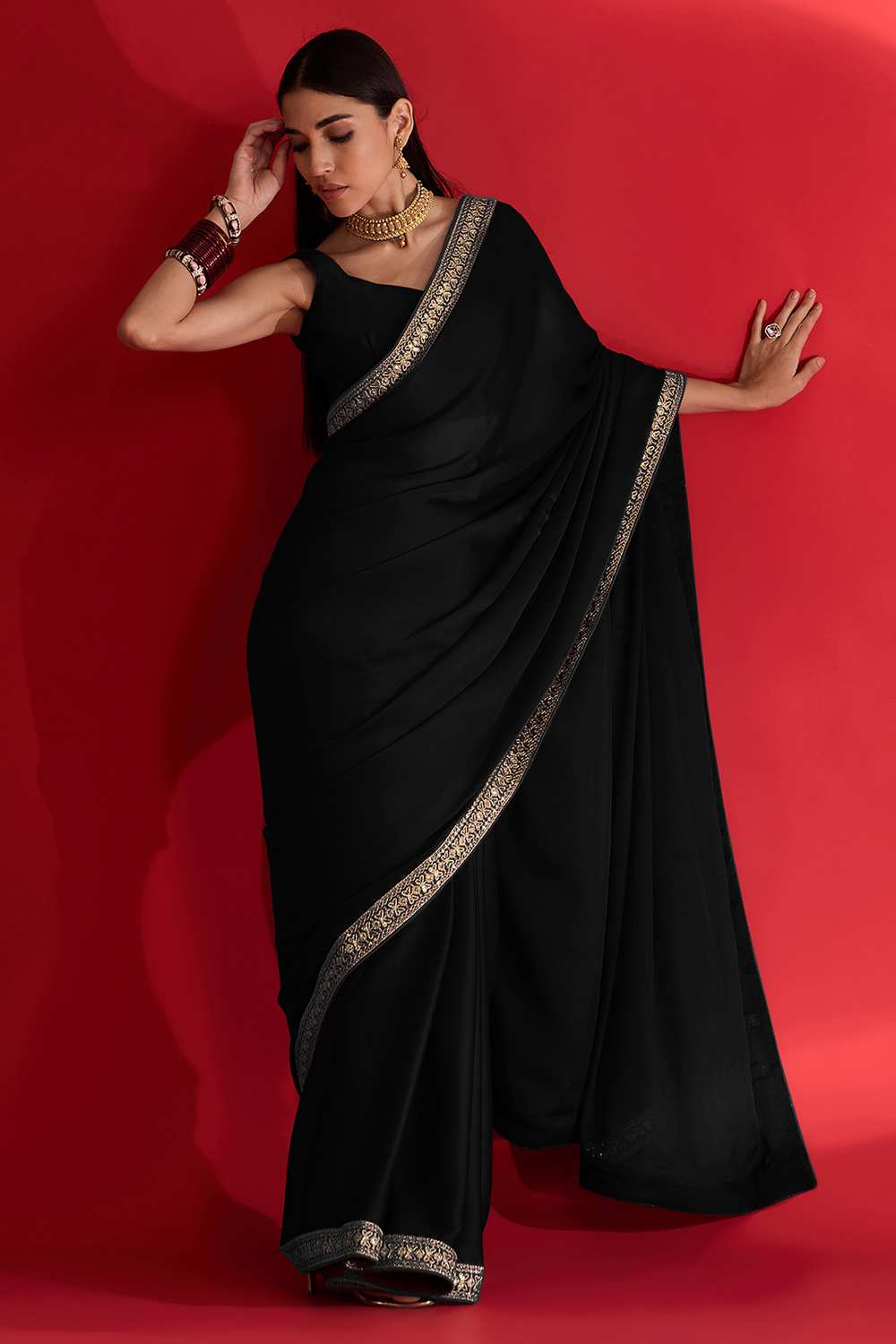 Reshma Black Satin Lace Work One Minute Saree