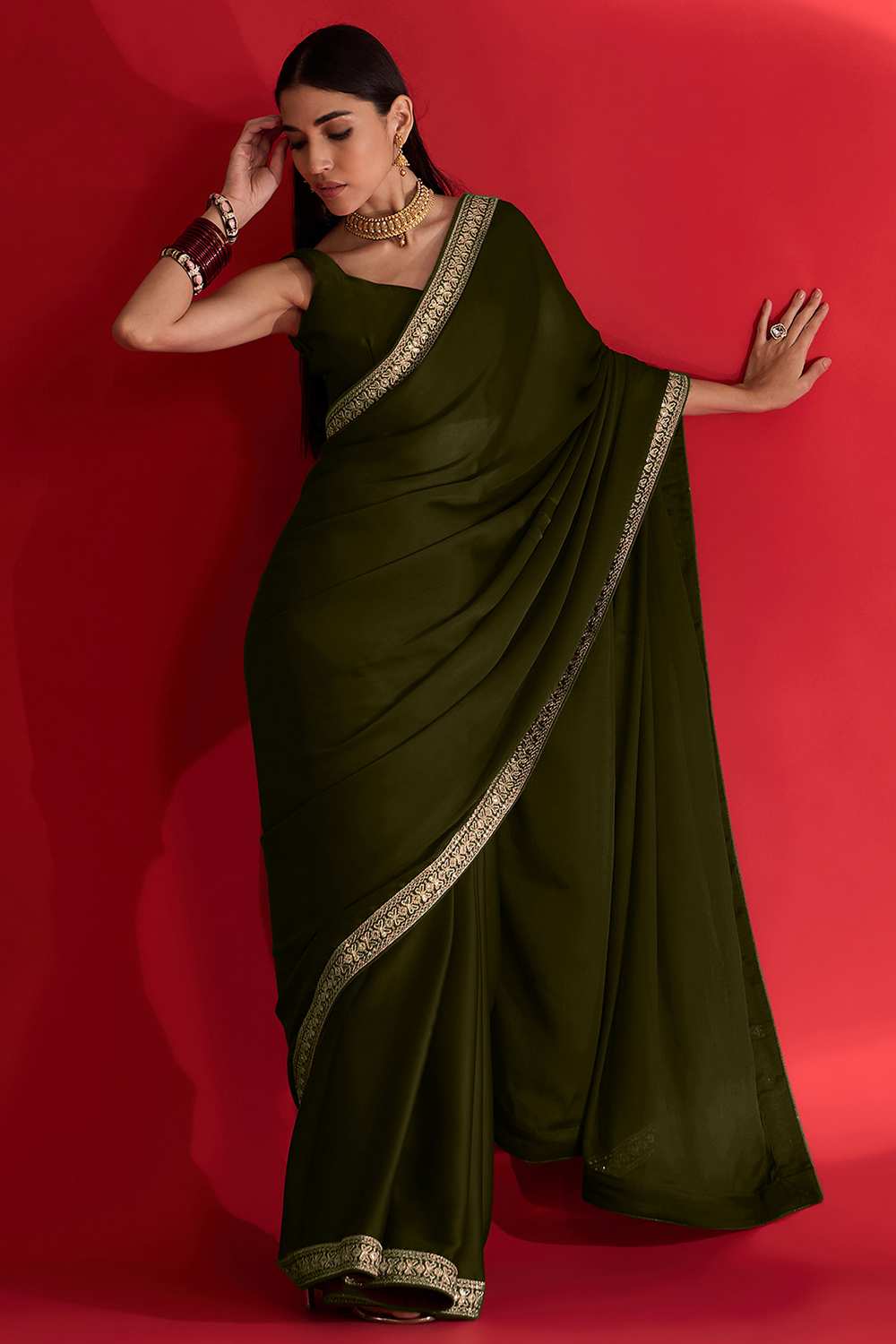 Reshma Olive Satin Lace Border One Minute Saree