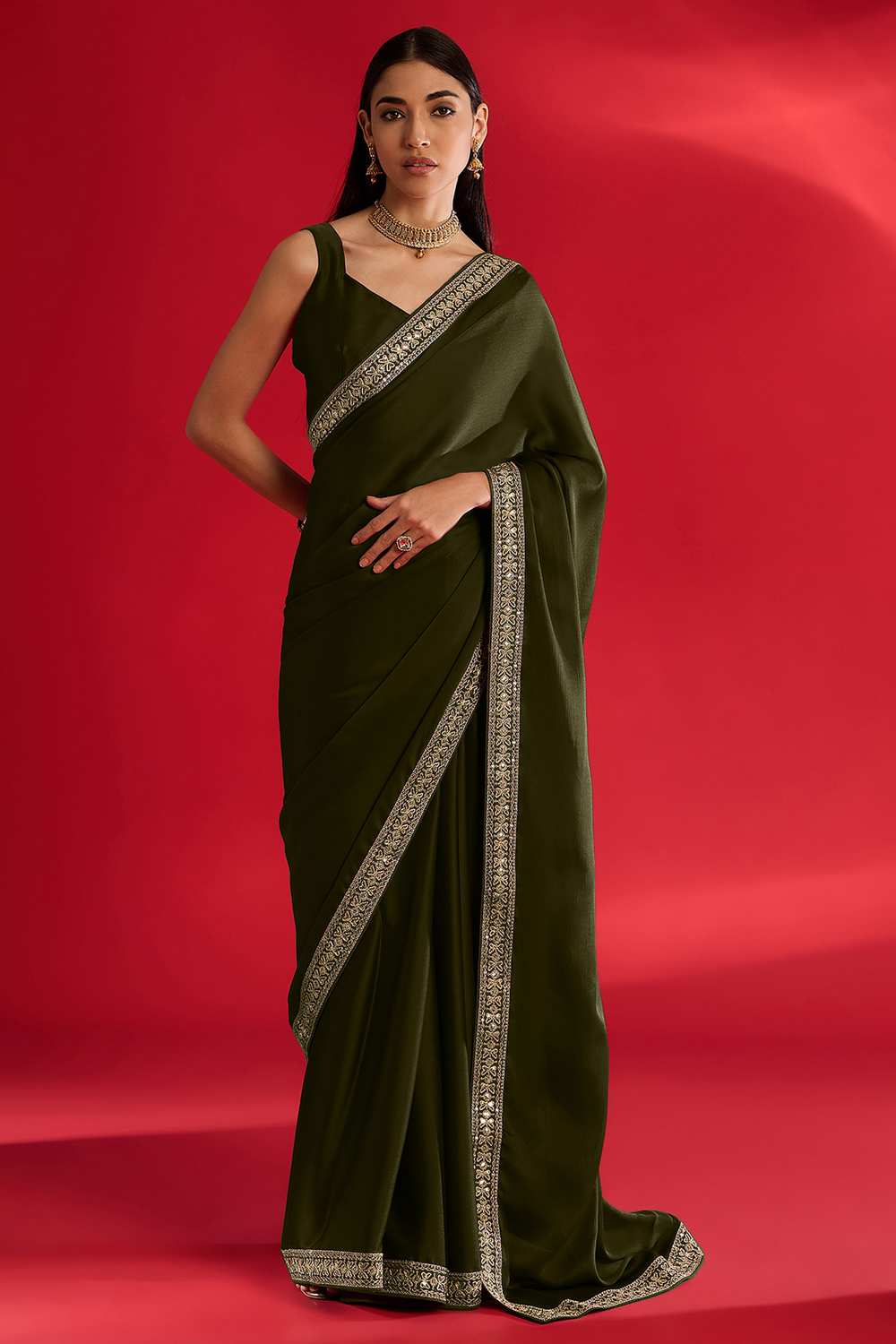 Reshma Olive Satin Lace Border One Minute Saree