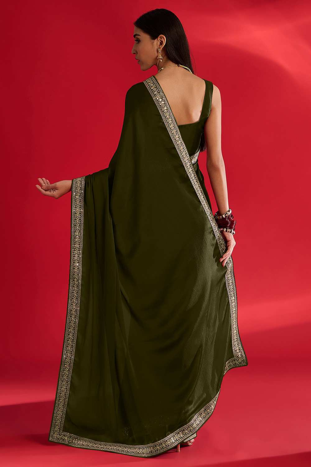 Reshma Olive Satin Lace Border One Minute Saree