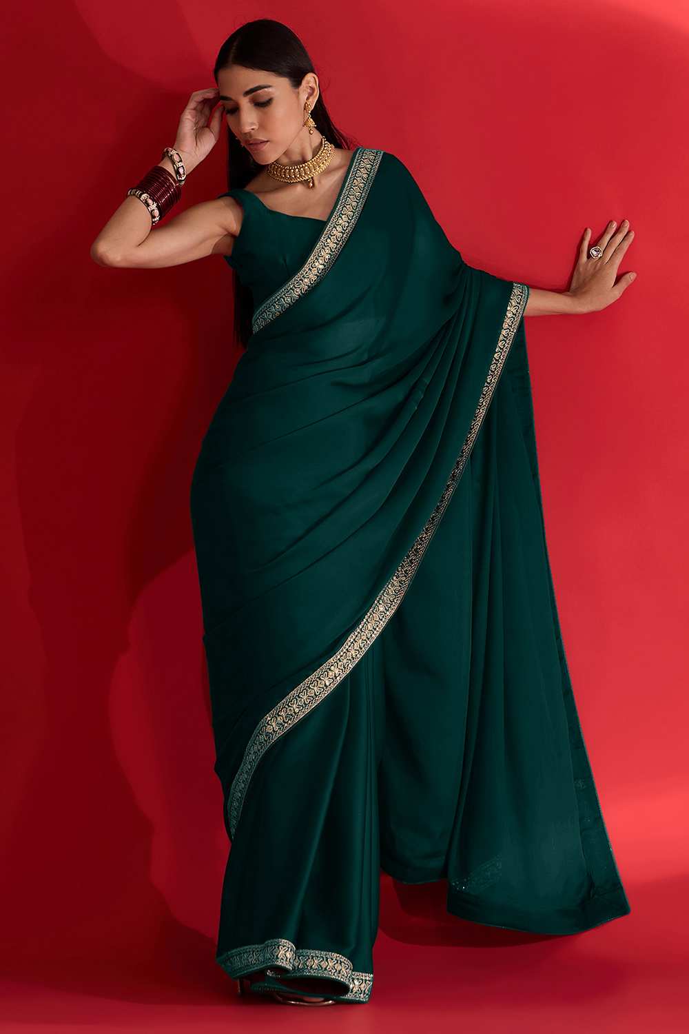Reshma Teal Green Satin Lace Border One Minute Saree