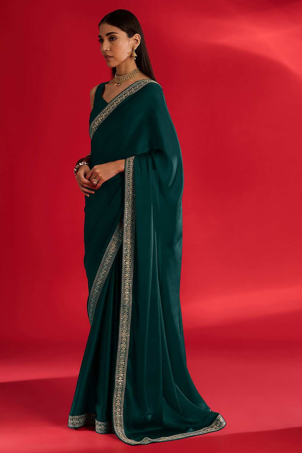 Reshma Teal Green Satin Lace Border One Minute Saree