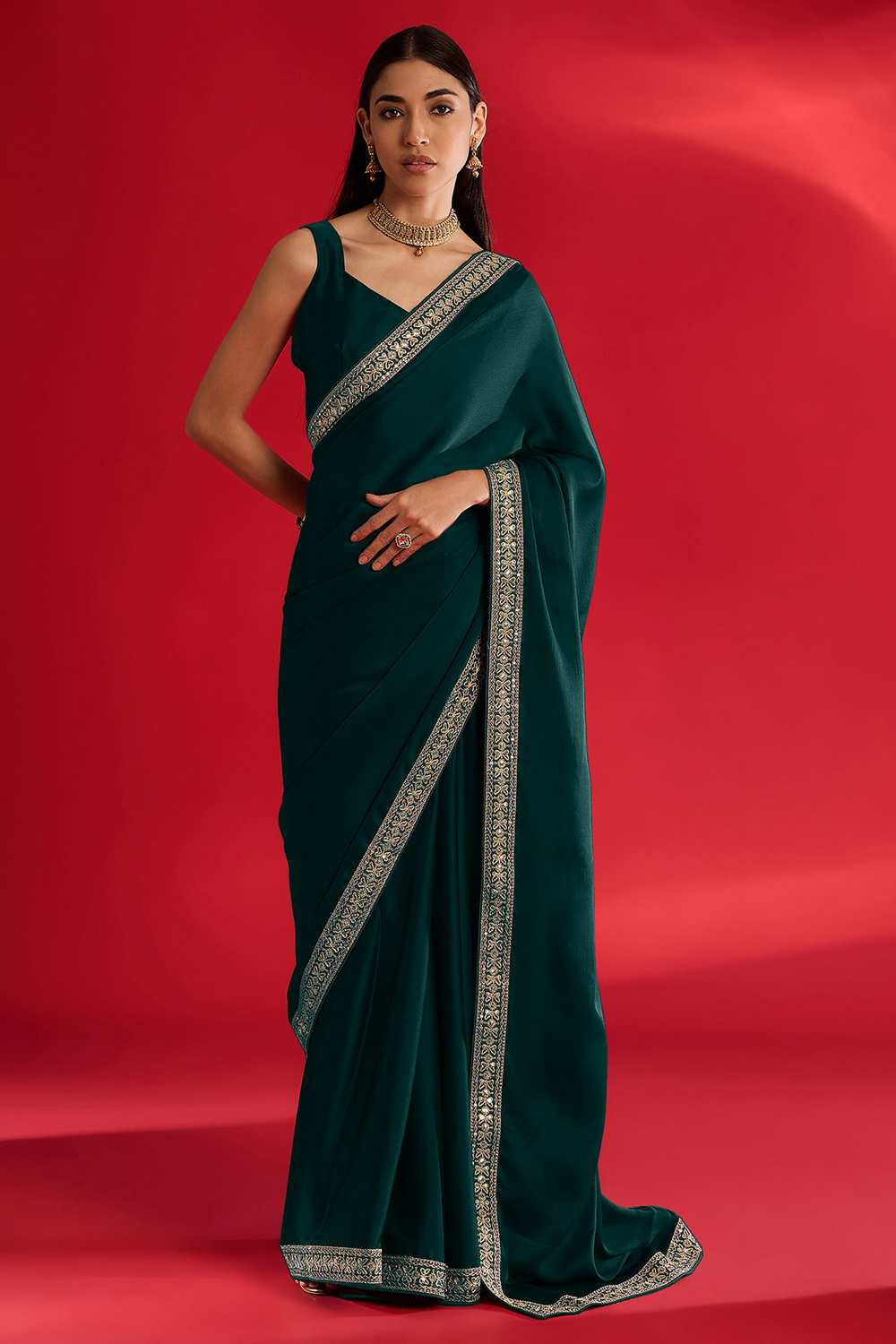 Reshma Teal Green Satin Lace Border One Minute Saree