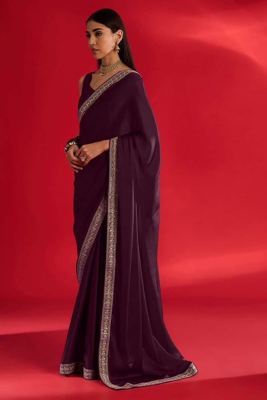 Reshma Dark Magenta Satin Lace Border One Minute Saree
