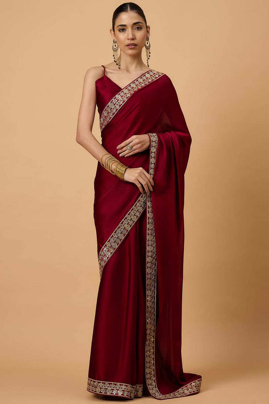 Tyra Maroon Satin Lace Work Border One Minute Saree