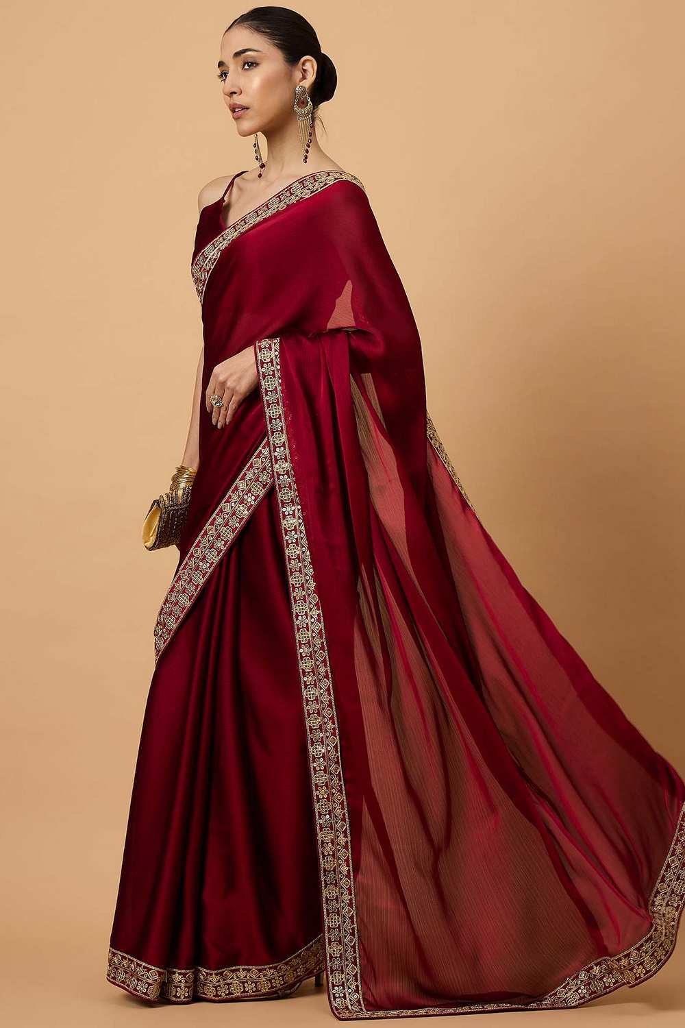 Tyra Maroon Satin Lace Work Border One Minute Saree