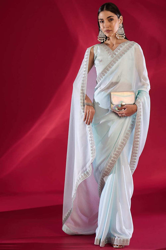 Sofi Light Blue Satin Silk Solid Ready To Wear One Minute Saree