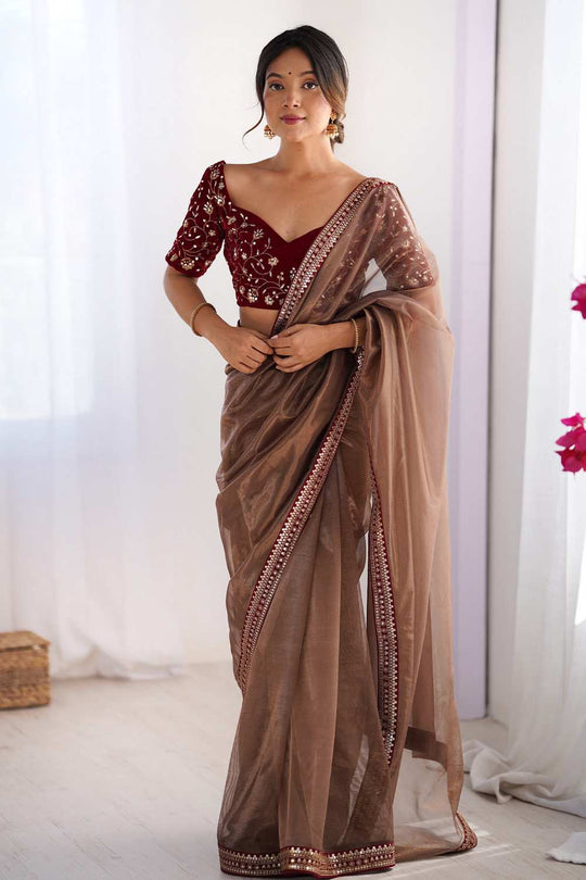Shari Bronze Net Embellished  Ready To Wear One Minute Saree