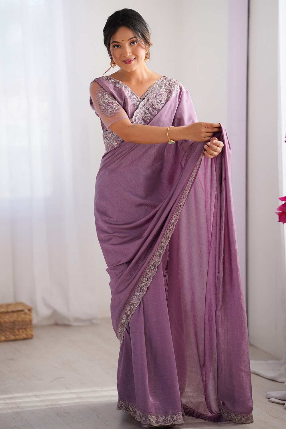 Prerna Lavender Vichitra Silk Embellished Ready To Wear One Minute Saree