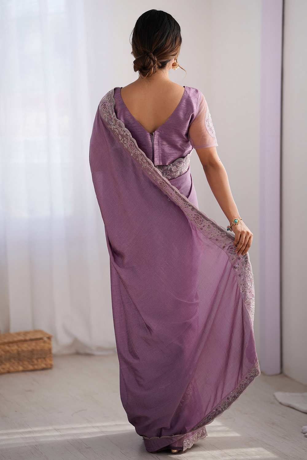 Prerna Lavender Vichitra Silk Embellished Ready To Wear One Minute Saree