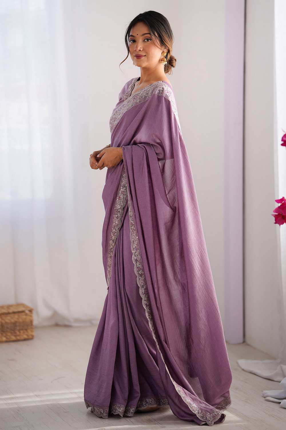 Prerna Lavender Vichitra Silk Embellished Ready To Wear One Minute Saree