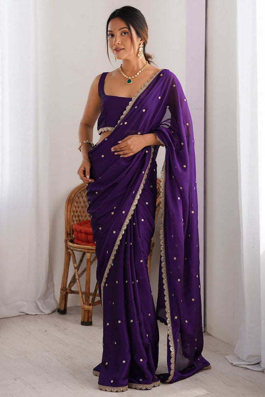 Trisha Purple Georgette Embroidered Ready To Wear One Minute Saree
