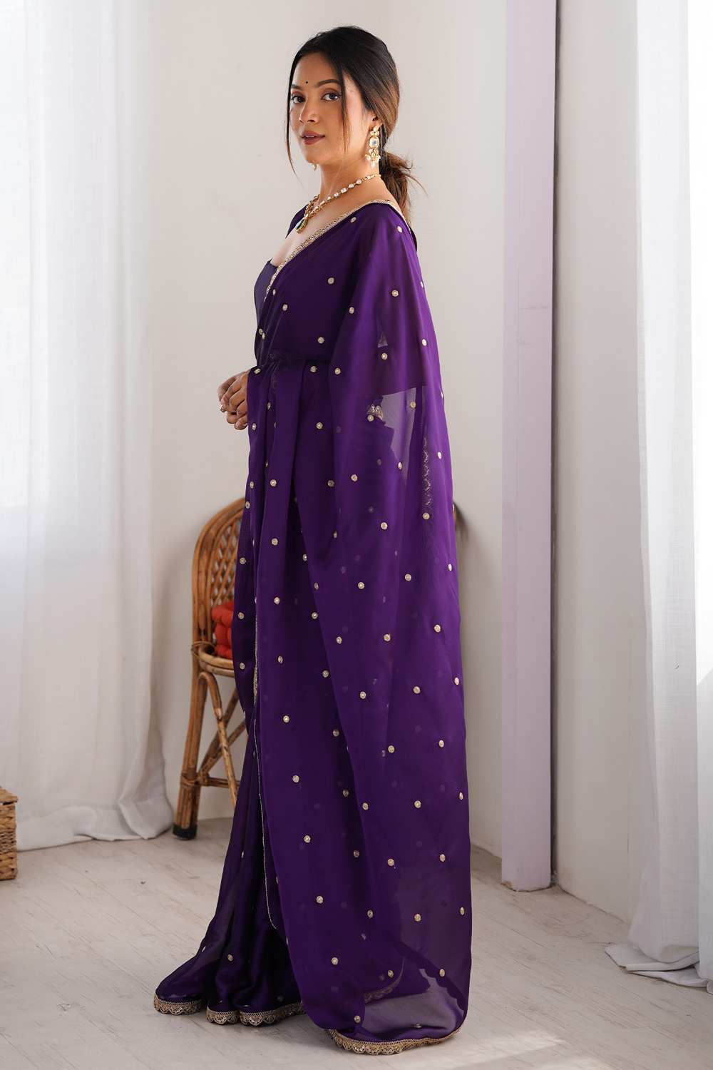 Trisha Purple Georgette Embroidered Ready To Wear One Minute Saree