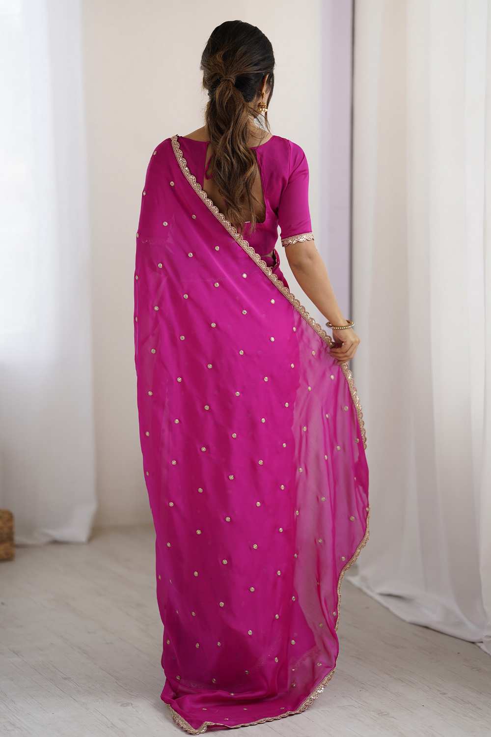 Trisha Pink Georgette Embroidered Ready To Wear One Minute Saree