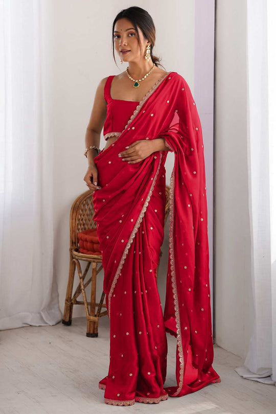 Trisha Red Georgette Embroidered One Minute Saree