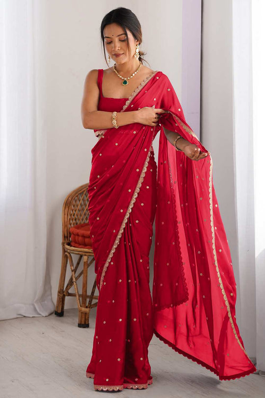 Trisha Red Georgette Embroidered One Minute Saree