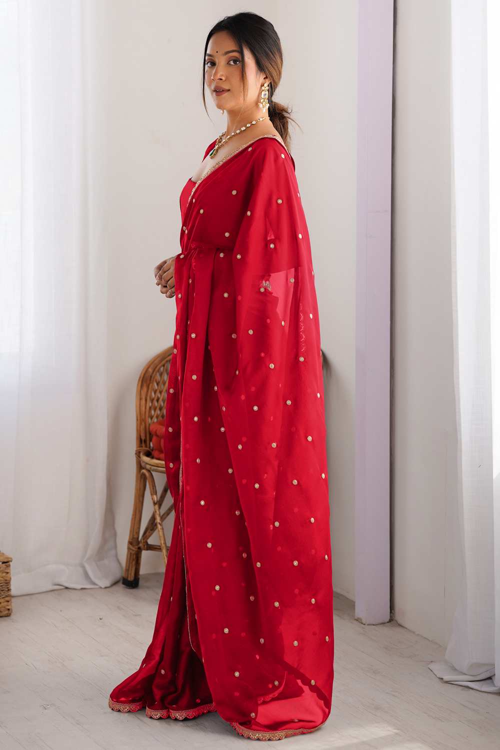 Trisha Red Georgette Embroidered One Minute Saree