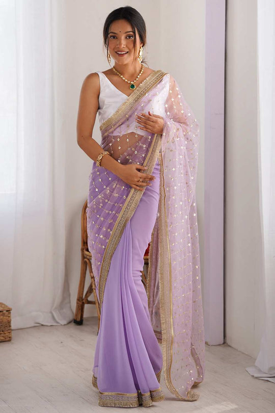 Shari Lavender Net Embellished Ready To Wear One Minute Saree
