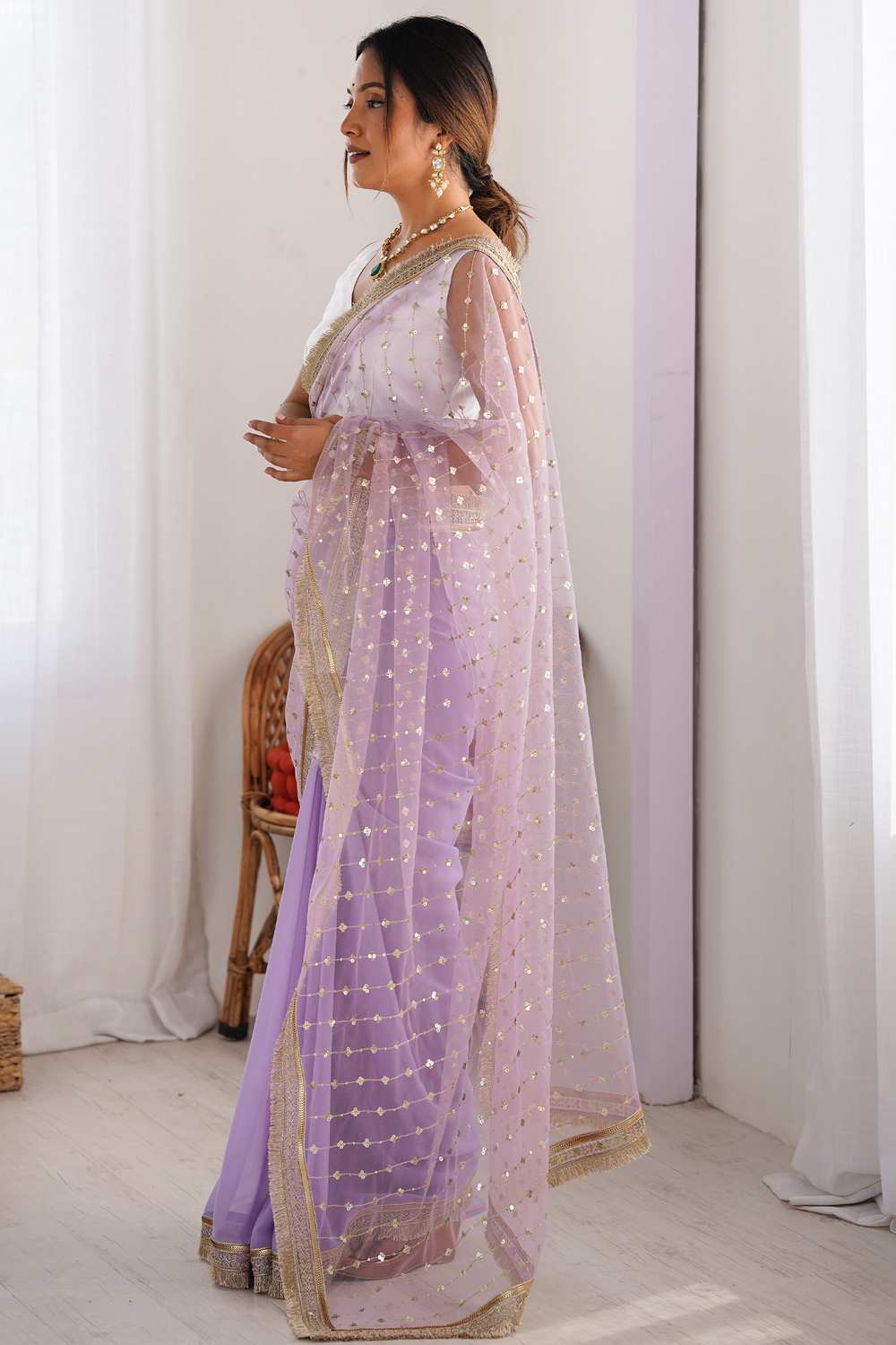 Shari Lavender Net Embellished Ready To Wear One Minute Saree