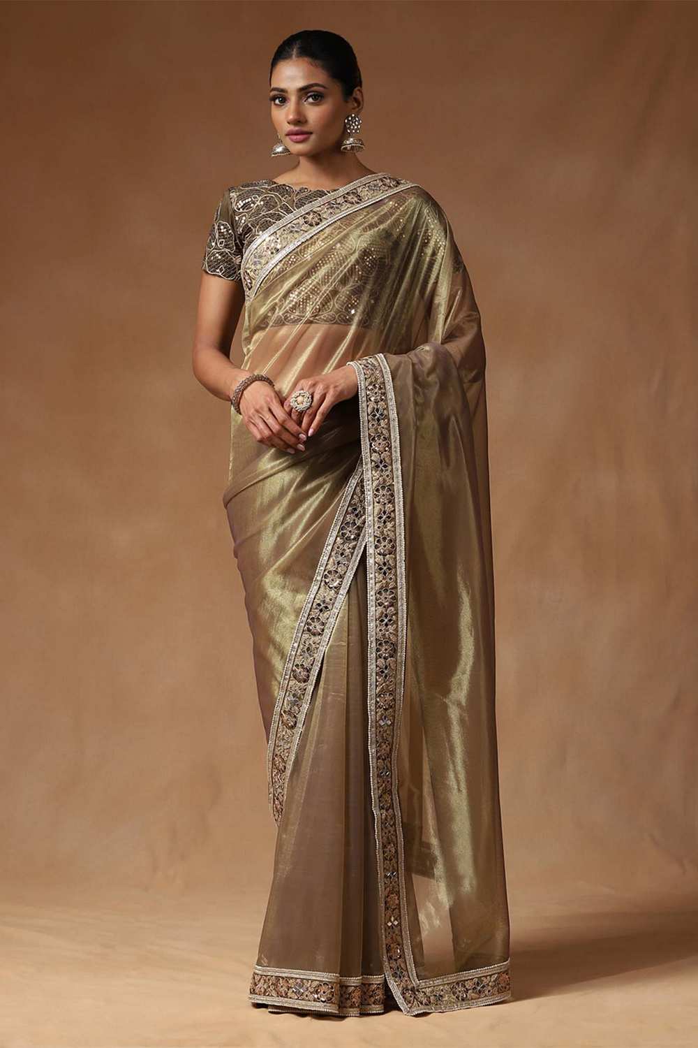 Esha Gold Net Embellished Ready To Wear One Minute Saree