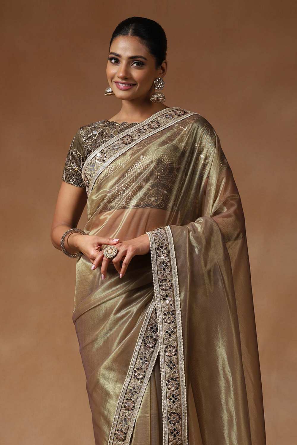 Esha Gold Net Embellished Ready To Wear One Minute Saree