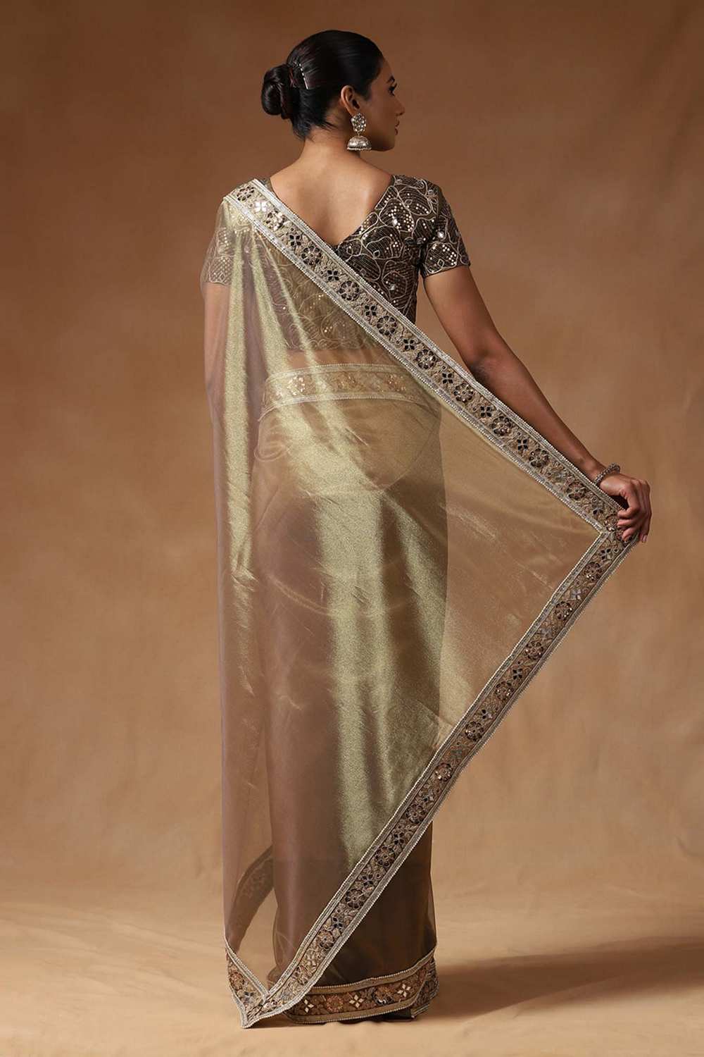 Esha Gold Net Embellished Ready To Wear One Minute Saree