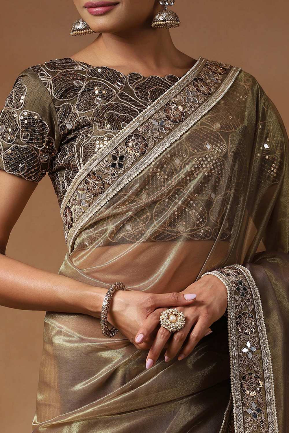 Esha Gold Net Embellished Ready To Wear One Minute Saree