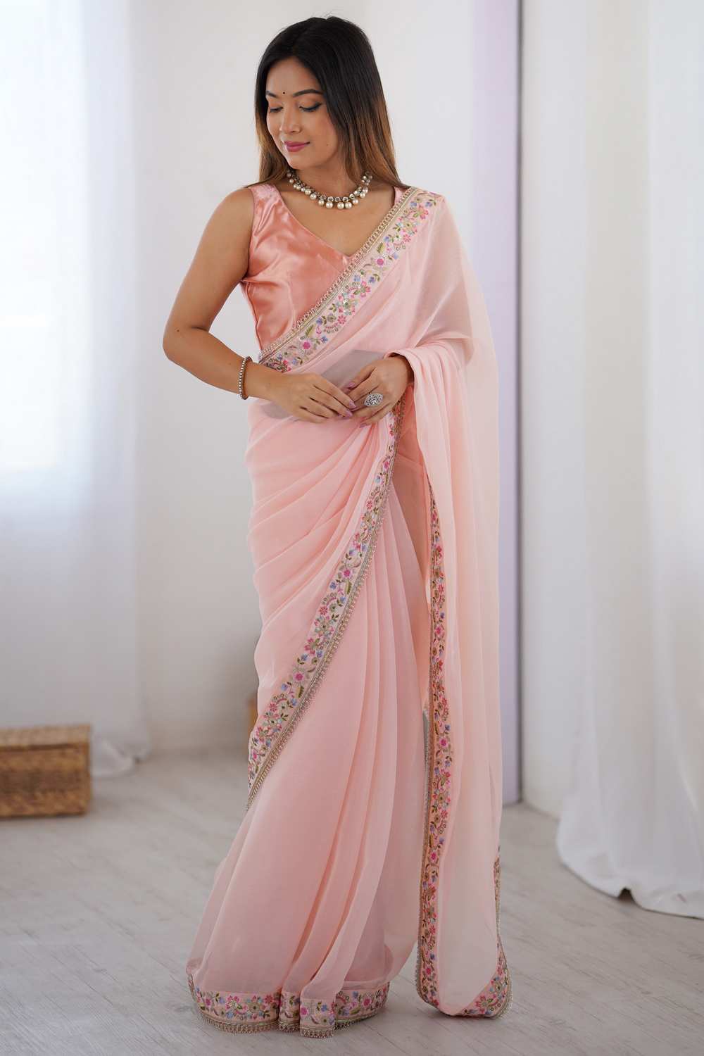Tina Pink Georgette Embellished Ready To Wear One Minute Saree