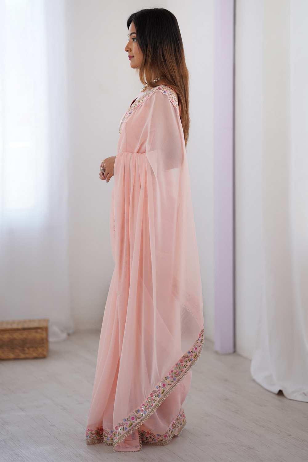 Tina Pink Georgette Embellished Ready To Wear One Minute Saree