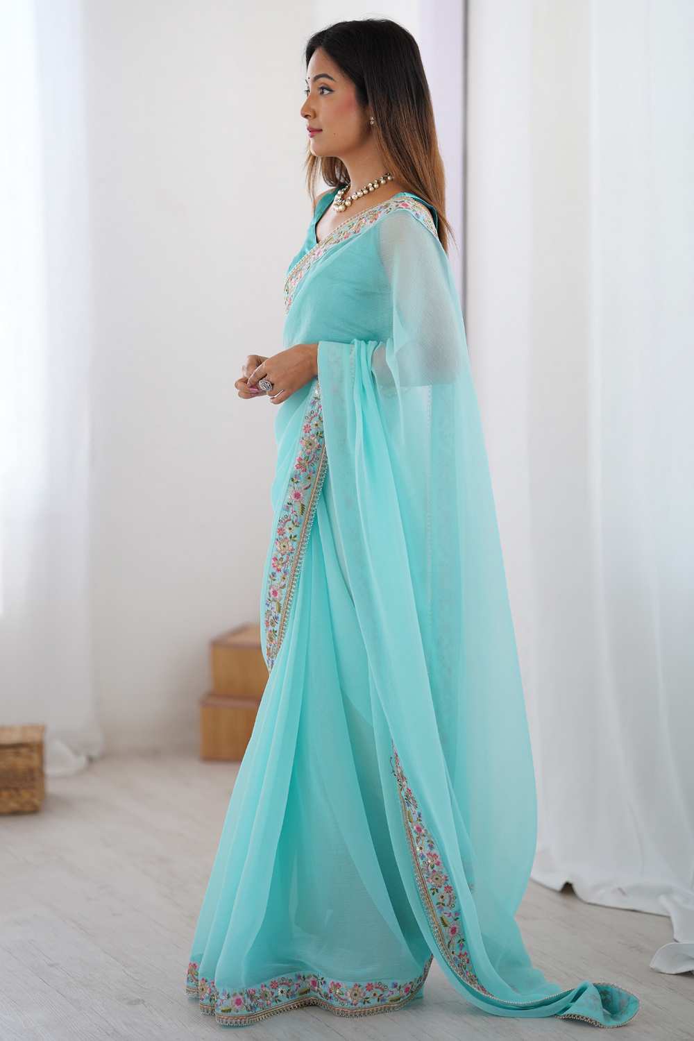 Tina Light Blue Georgette Embellished Ready To Wear One Minute Saree