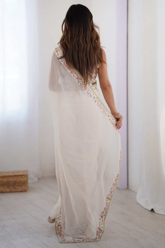 Trisha Off White Georgette Solid Ready To Wear One Minute Saree