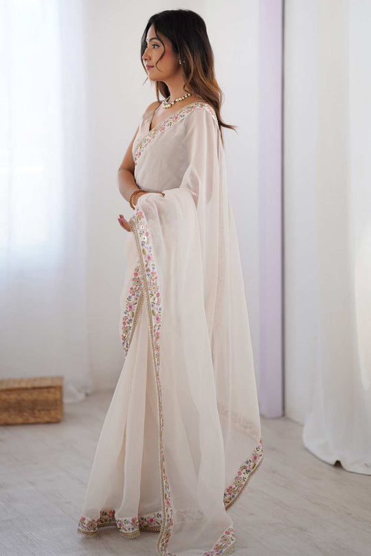 Trisha Off White Georgette Solid Ready To Wear One Minute Saree