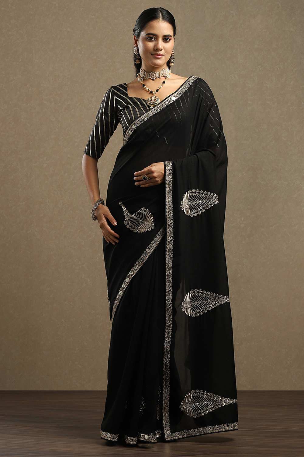 Talia Black Vichitra Silk Ethnic Motif Ready To Wear One Minute Saree