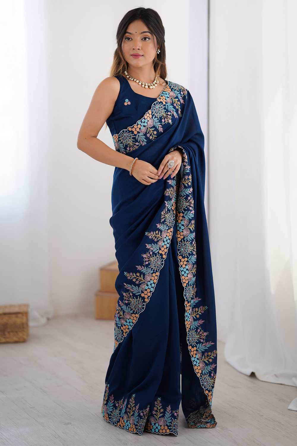Jules Navy Blue Vichitra Silk Embroidered Ready To Wear One Minute Saree