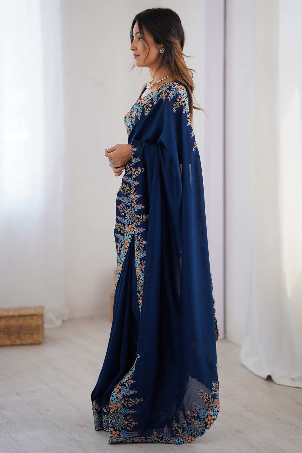 Jules Navy Blue Vichitra Silk Embroidered Ready To Wear One Minute Saree