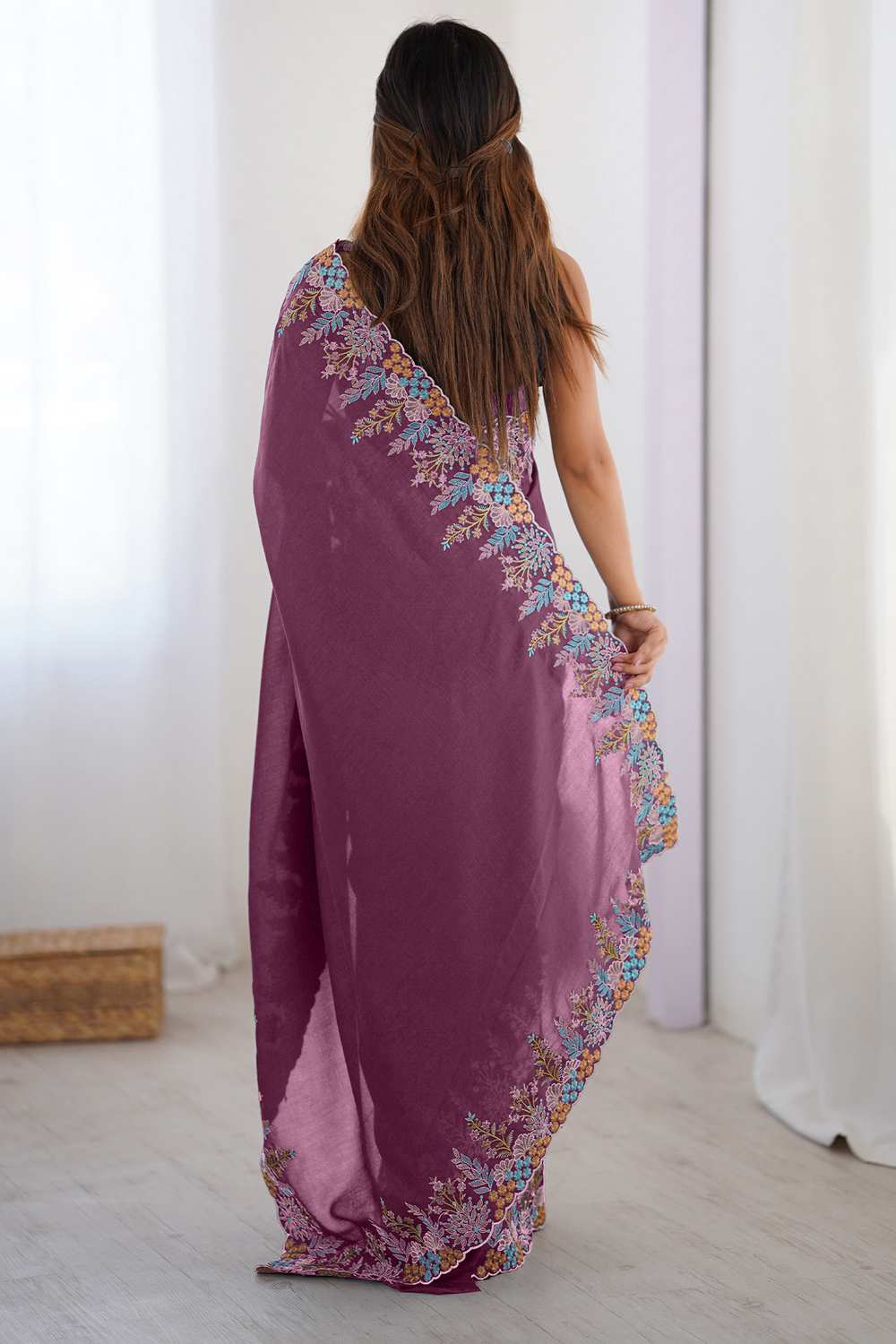 Jules Mauve Vichitra Silk Embroidered Ready To Wear One Minute Saree