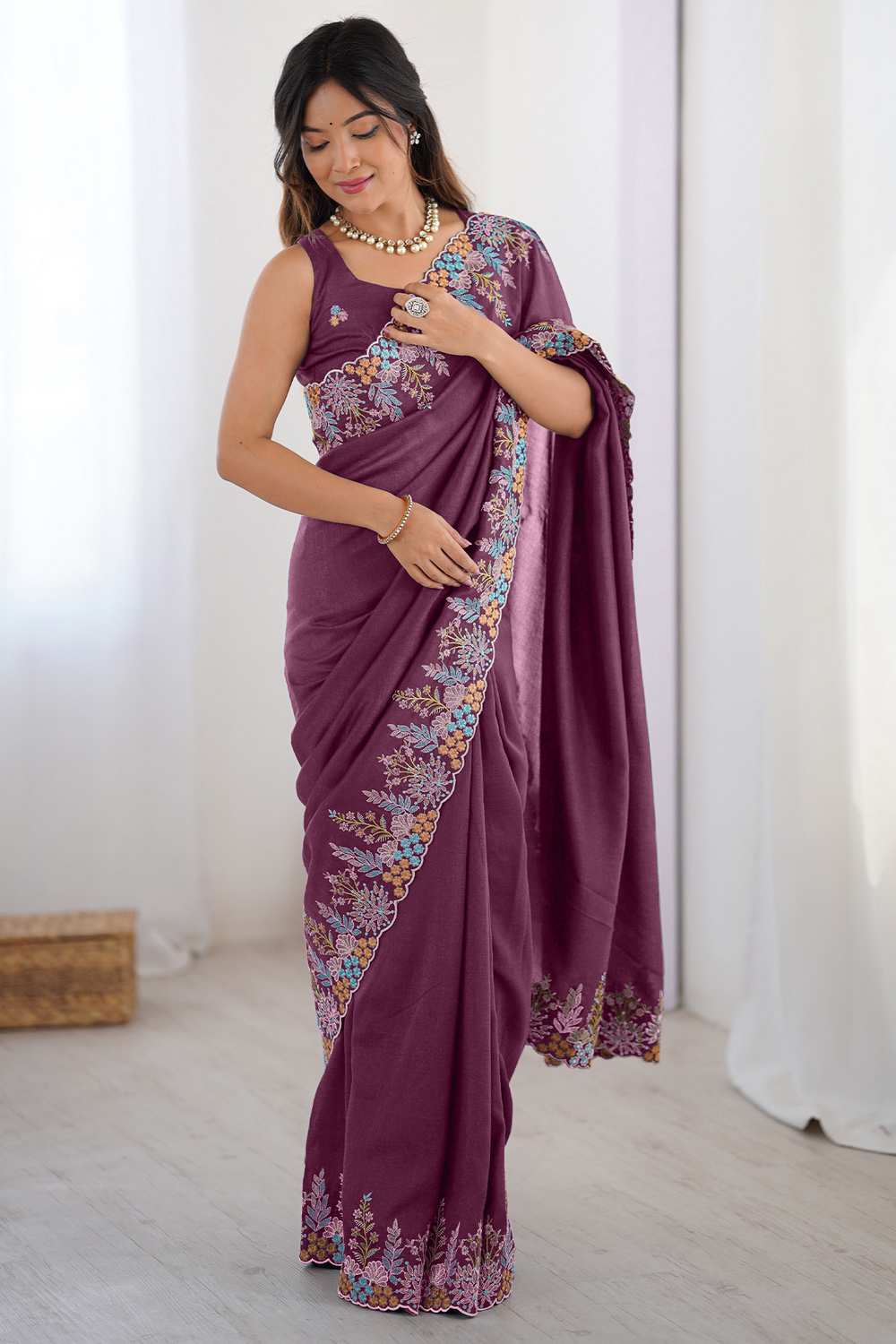 Jules Mauve Vichitra Silk Embroidered Ready To Wear One Minute Saree