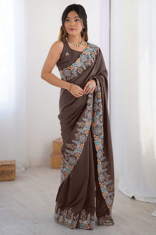 Jules Brown Vichitra Silk Embroidered Ready To Wear One Minute Saree