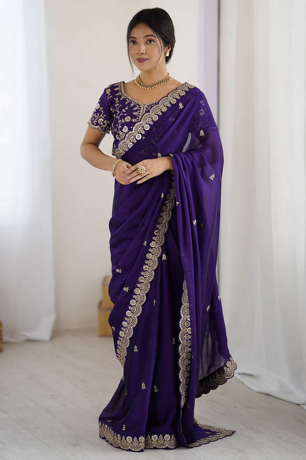 Pia Purple Georgette Cutwork Embroidery One Minute Saree