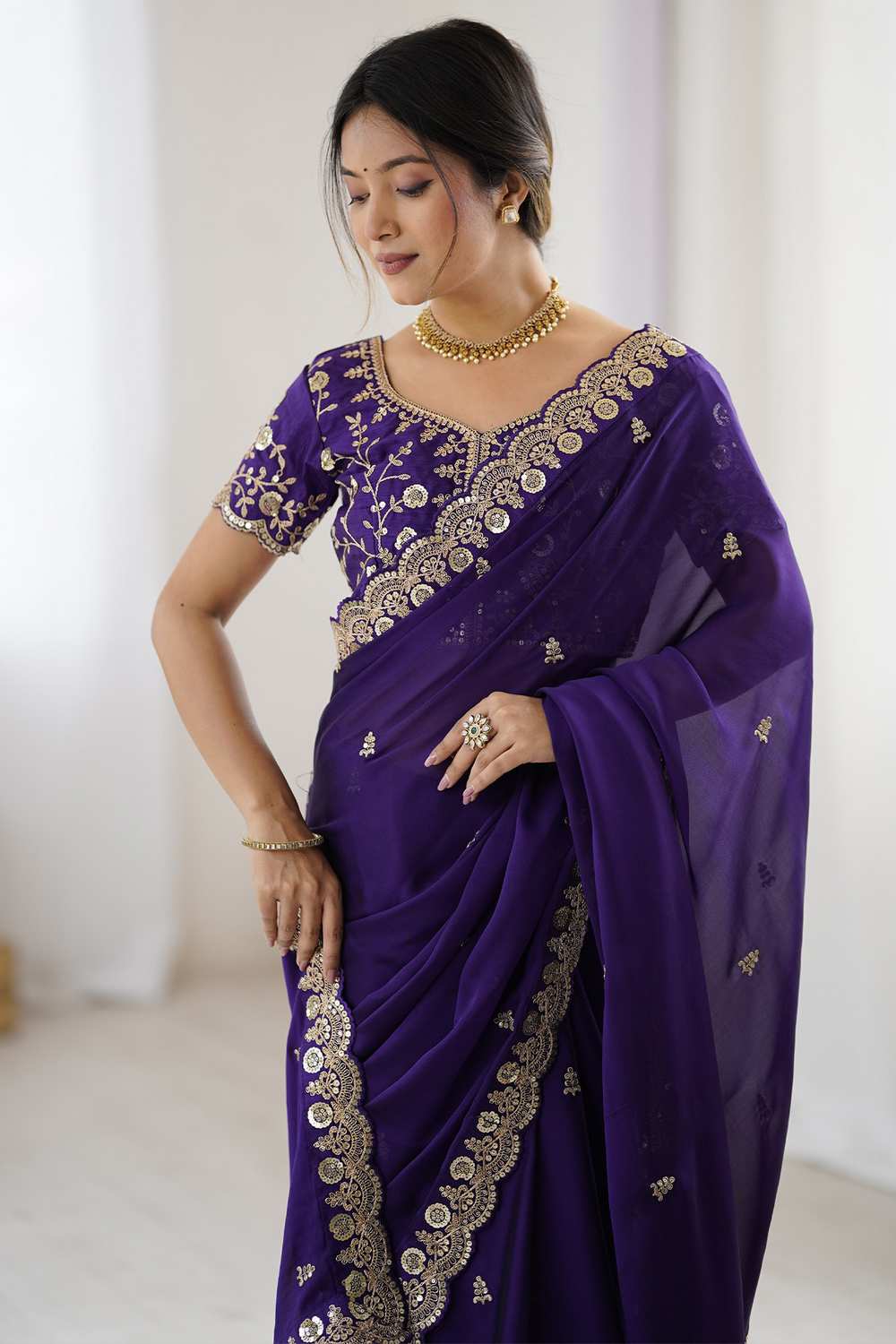 Pia Purple Georgette Cutwork Embroidery One Minute Saree
