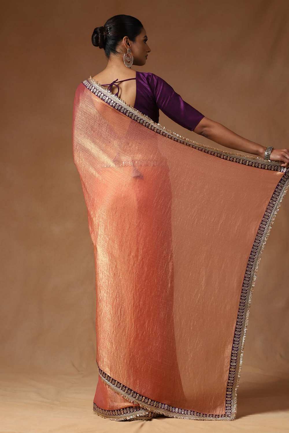 Mena Peach Metallic Shimmer Chiffon One Minute Saree