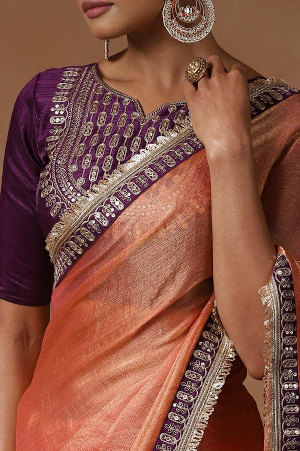Mena Peach Metallic Shimmer Chiffon One Minute Saree